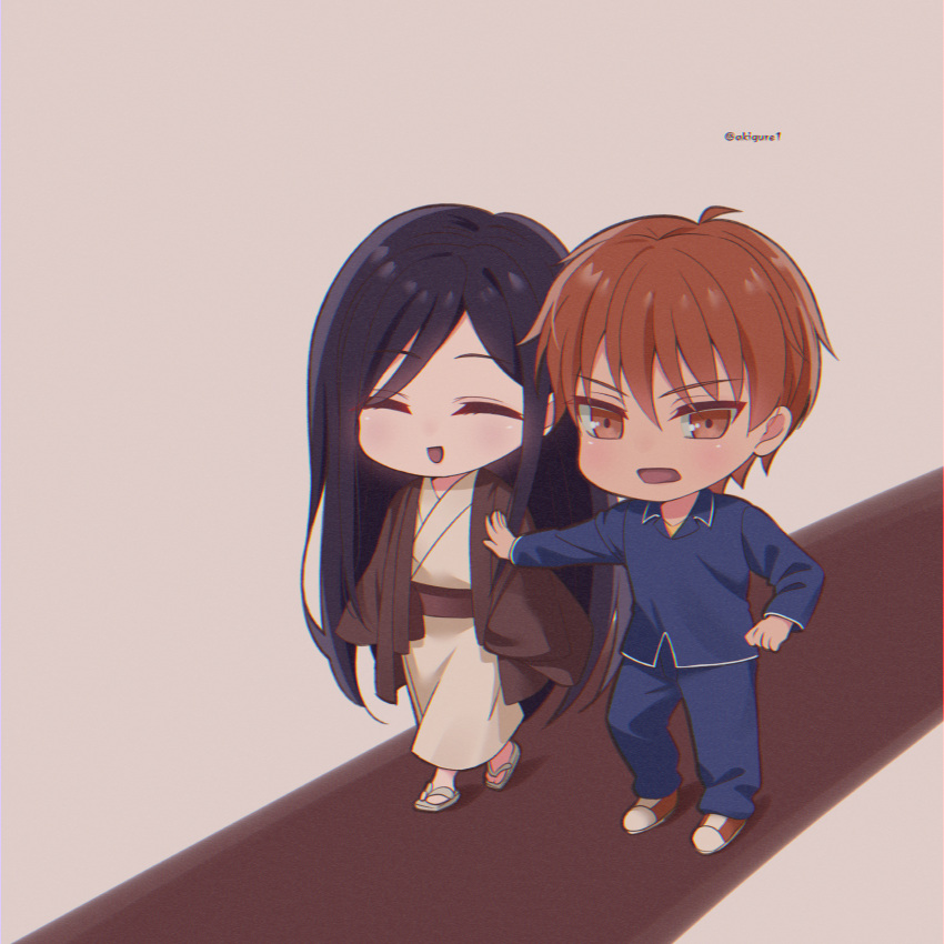 absurdres akigure1 chibi clogs closed_eyes fruits_basket haori highres japanese_clothes kimono light_frown long_hair long_sleeves obi orange_eyes orange_hair pants purple_hair red_carpet sash shoes smile sneakers souma_kyou souma_ren twitter_username white_kimono