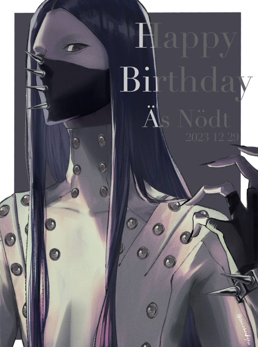 1boy as_nodt black_gloves black_hair black_mask bleach bleach:_sennen_kessen-hen bracelet coat dated english_text fingerless_gloves fingernails gloves grey_eyes happy_birthday high_collar highres jewelry long_fingernails long_hair looking_at_viewer male_focus mask mouth_mask osirichandayoo pale_skin quincy_(bleach) solo spiked_bracelet spikes studded uniform upper_body wandenreich_uniform white_coat