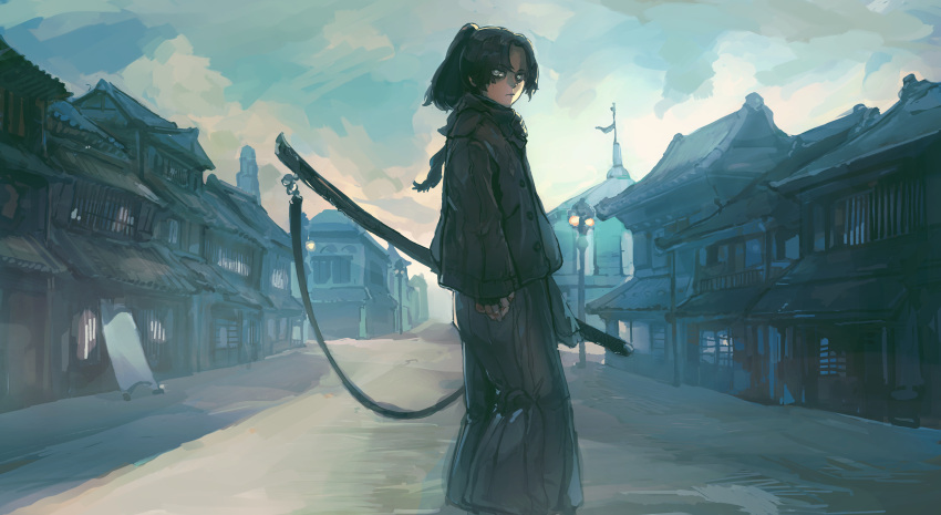 absurdres architecture black_hakama black_jacket brown_jacket buttons character_request closed_mouth cloud cloudy_sky east_asian_architecture flagpole grey_eyes hakama hakama_pants high_ponytail highres holding holding_sword holding_weapon hood hood_down jacket japanese_clothes lamppost looking_at_viewer monte_tako original pants parted_bangs scabbard sheath sheathed sky solo sword town weapon wide_sleeves