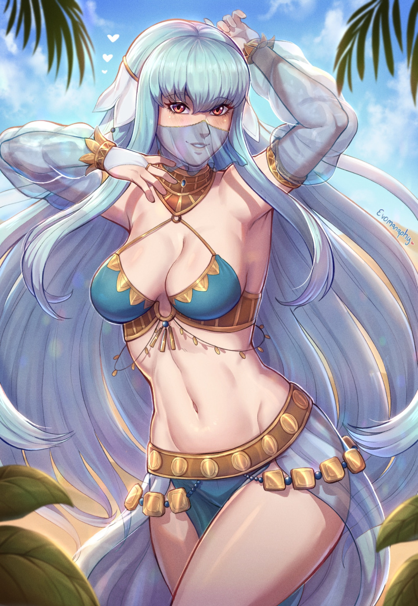 1girl alternate_costume arm_up armpits bare_shoulders blue_hair blue_skirt commentary_request commission cowboy_shot crop_top detached_sleeves evomanaphy fire_emblem fire_emblem:_the_blazing_blade grin halterneck highres jewelry long_hair looking_at_viewer midriff mouth_veil navel neck_ring ninian_(fire_emblem) purple_eyes see-through see-through_sleeves skirt smile solo standing stomach thighs veil very_long_hair
