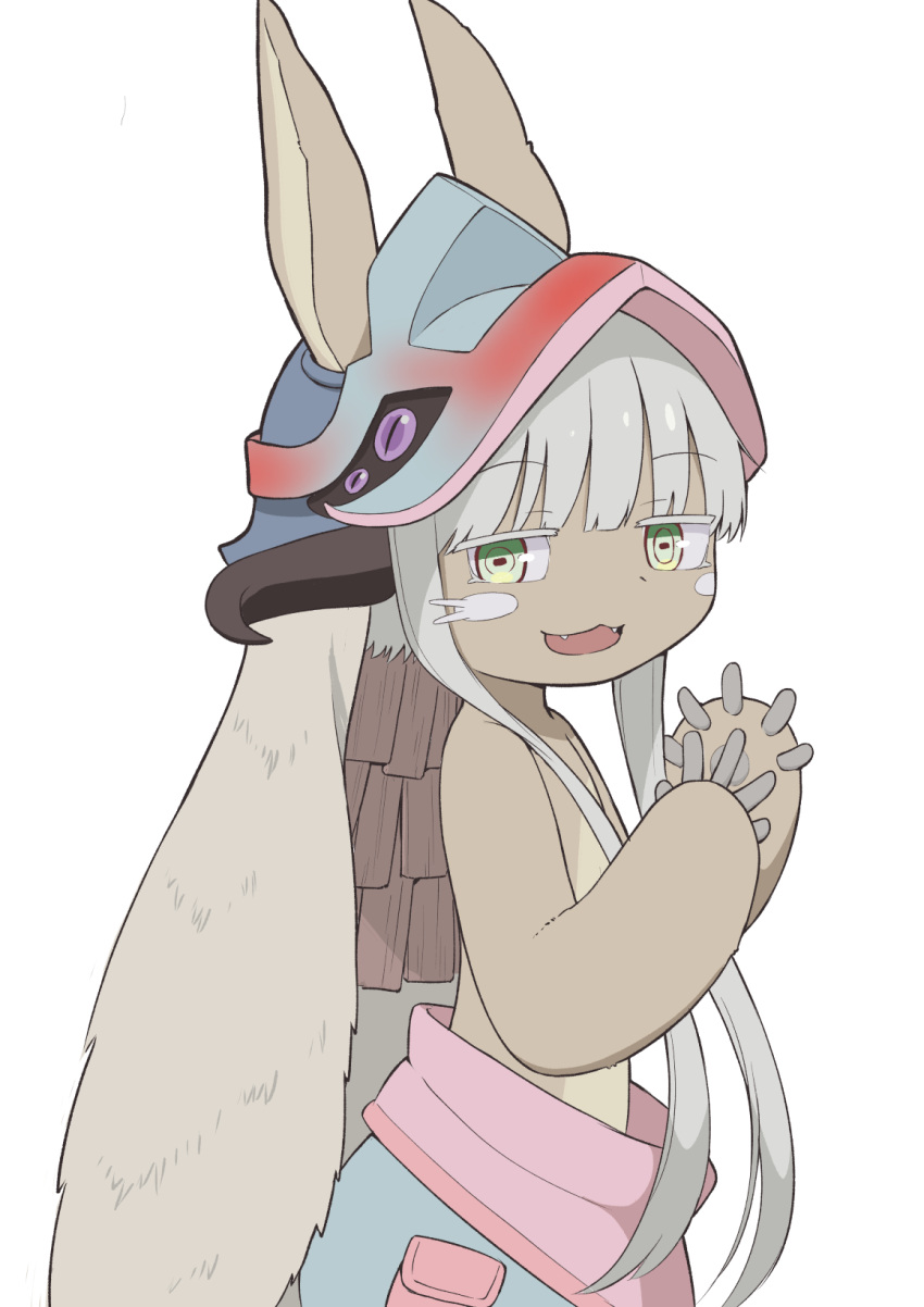 1other :3 animal_ears blunt_bangs brown_fur fake_horns fangs green_eyes helmet highres horizontal_pupils horned_headwear horns long_hair made_in_abyss nanachi_(made_in_abyss) no_humans nzmtarou open_mouth rabbit_ears rabbit_girl simple_background solo tongue white_background white_hair