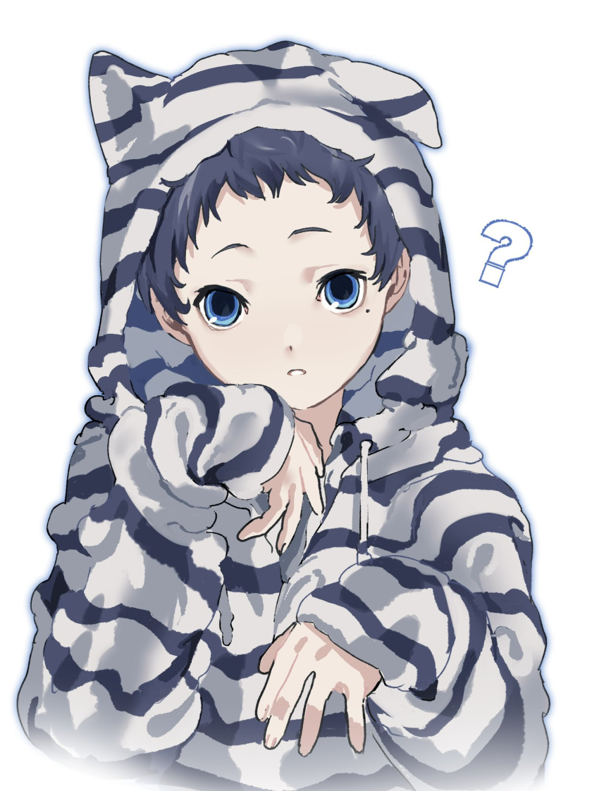 1boy ? animal_ears animal_hood black_hair blue_eyes blue_outline cat_hood commentary drawstring fake_animal_ears hands_up highres hood hood_up hoodie long_sleeves looking_at_viewer male_focus mole mole_under_eye outline parted_lips persona persona_3 pharos short_hair simple_background sleeves_past_wrists solo striped_clothes striped_hoodie symbol-only_commentary upper_body white_background white_hoodie yatsutaro