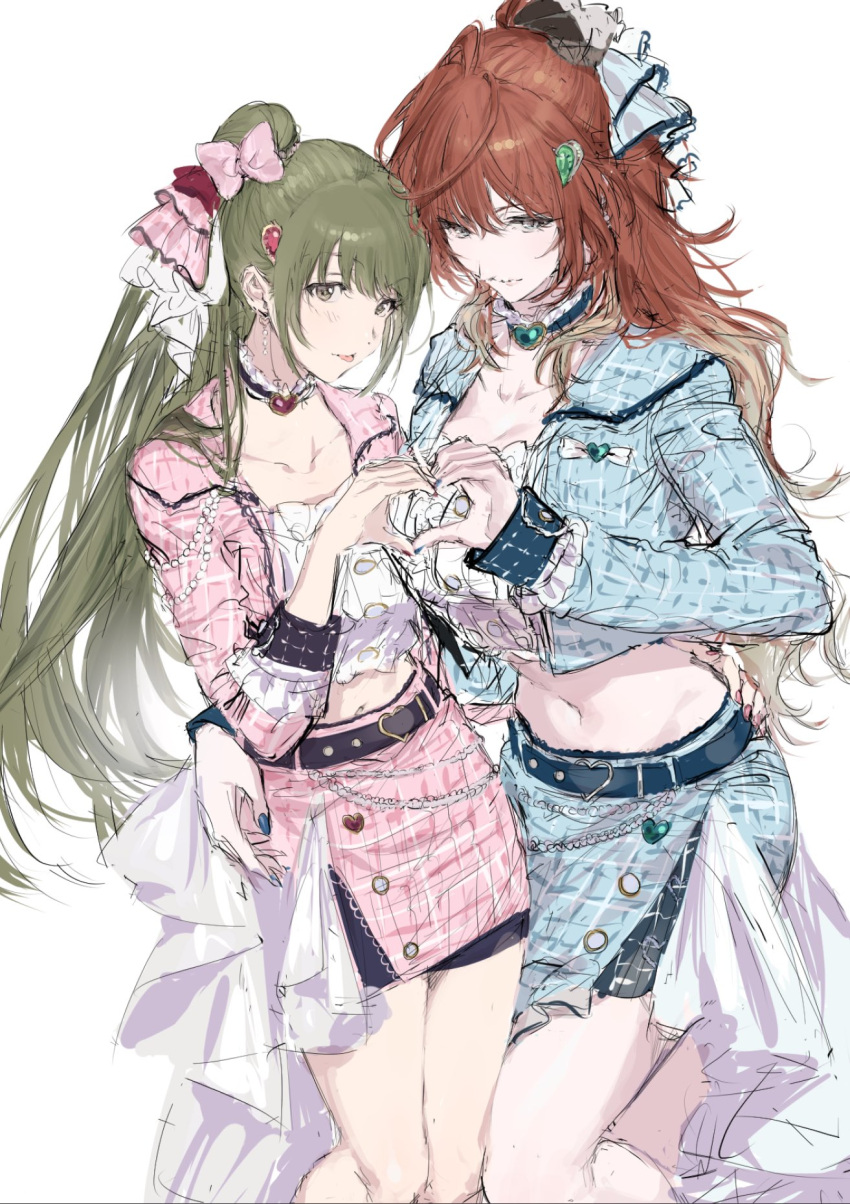 2girls aketa_mikoto belt blue_nails blush bow breasts brown_hair choker collarbone earrings givemewallet gradient_hair green_eyes green_hair hair_bow hair_ornament hand_on_another's_hip heart heart_hands highres idol idolmaster idolmaster_shiny_colors idolmaster_shiny_colors_song_for_prism jacket jewelry long_hair long_sleeves looking_at_viewer midriff multicolored_hair multiple_girls nail_polish nanakusa_nichika navel official_alternate_costume official_alternate_hairstyle plaid ponytail shhis_(idolmaster) shirt sidelocks simple_background sketch skirt smile tongue tongue_out wavy_hair white_background