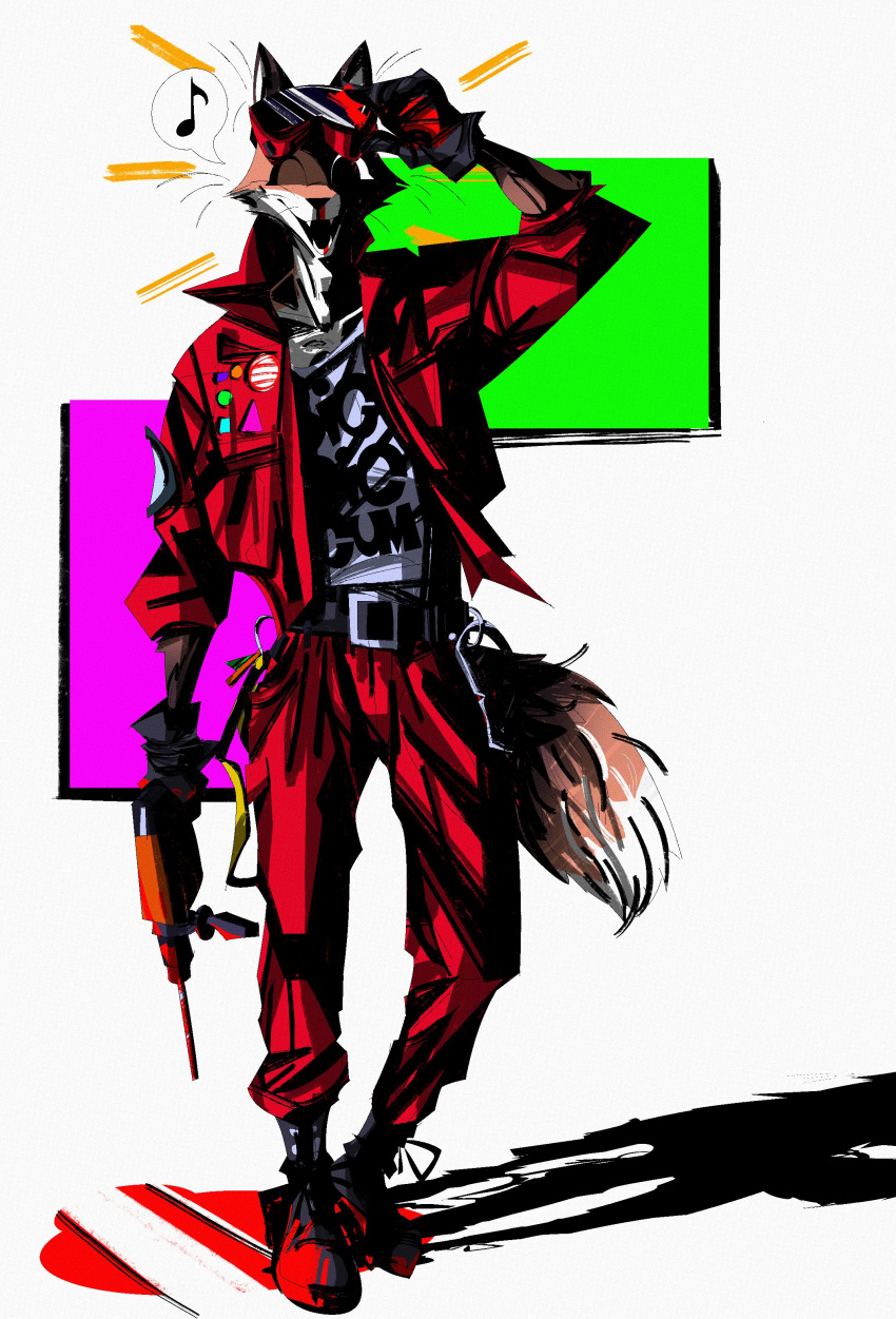 absurd_res anthro belt black_boots black_clothing black_footwear blood blood_pool bodily_fluids boots bottomwear canid canine clothing digital_drawing_(artwork) digital_media_(artwork) dipstick_tail eyewear eyewear_on_head facial_tuft fangs footwear fox full-length_portrait fur gloves goggles goggles_on_head handwear hi_res holding_object jacket keyring male mammal markings multicolored_body multicolored_fur musical_note nosebleed open_mouth open_smile orange_body orange_face orange_fur orange_tail pants patch_(fabric) portrait red_bottomwear red_clothing red_jacket red_pants red_topwear shadow sharp_teeth simple_background smile solo tail tail_markings teeth topwear tuft two_tone_body two_tone_face two_tone_fur whiskers white_background white_face white_tail_tip xexeezy