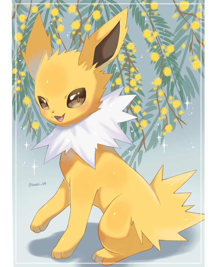 :d artist_name border brown_eyes commentary_request fang hanging_plant highres iwasi_29 jolteon leaf mane no_humans open_mouth pillarboxed pokemon pokemon_(creature) sitting skin_fang smile twitter_username white_border yellow_fur