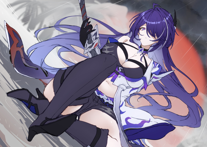 1girl acheron_(honkai:_star_rail) asymmetrical_footwear black_choker black_gloves black_shorts boots breasts chain choker cleavage coat coattails detached_sleeves gloves hair_over_one_eye high_heel_boots high_heels highres honkai:_star_rail honkai_(series) long_hair midriff navel on_floor purple_eyes purple_hair scabbard sheath sheathed short_shorts shorts single_bare_shoulder solo stomach sword thigh_boots weapon white_coat xfate