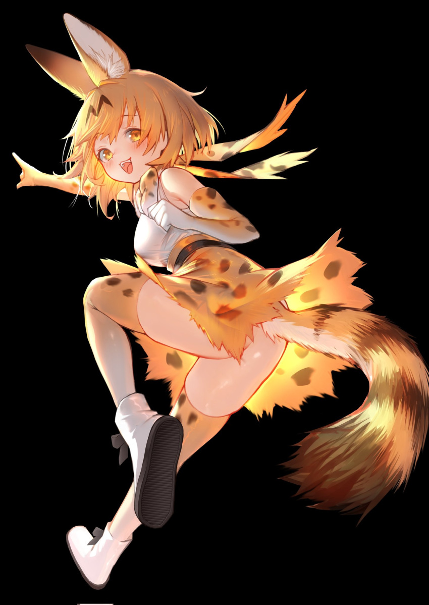 1girl akuma_(st.takuma) animal_ears animal_print arm_up ass bare_shoulders belt black_background blush bow bowtie elbow_gloves extra_ears full_body gloves high-waist_skirt highres kemono_friends looking_at_viewer medium_hair miniskirt multicolored_hair no_panties open_mouth orange_hair outstretched_arm pointing pointing_forward print_bow print_bowtie print_gloves print_scrunchie print_skirt print_thighhighs scarf scrunchie serval_(kemono_friends) serval_print shirt shirt_tucked_in shoes simple_background skirt sleeveless sleeveless_shirt smile solo striped_tail tail thighhighs white_shirt yellow_eyes