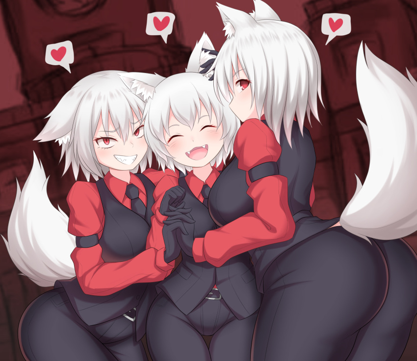 3girls animal_ear_fluff animal_ears ass black_gloves black_necktie black_pants black_vest blush breasts cerberus_(helltaker) cerberus_(helltaker)_(cosplay) chicken_tatsumaki_curry closed_eyes commentary_request cookie_(touhou) cosplay cowboy_shot dutch_angle fangs floppy_ears gloves grin hair_between_eyes heart helltaker highres holding_hands interlocked_fingers inu_(cookie) inubashiri_momiji kuso_inu_(cookie) large_breasts long_bangs looking_at_viewer looking_to_the_side medium_bangs multiple_girls necktie open_mouth pants profile red_eyes red_shirt scarlet_devil_mansion shirt short_hair slit_pupils smile spoken_heart tail touhou vest web_(cookie) white_hair wolf_ears wolf_girl wolf_tail