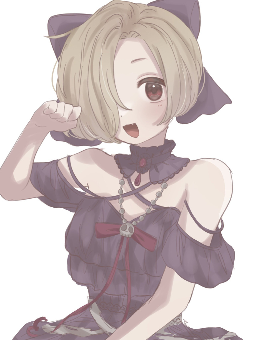 1girl bare_shoulders blonde_hair bow dress fang flat_chest hair_bow hair_over_one_eye highres idolmaster idolmaster_cinderella_girls idolmaster_cinderella_girls_starlight_stage looking_at_viewer manamu_nikoko open_mouth paw_pose red_eyes shirasaka_koume short_hair simple_background sketch smile solo upper_body white_background