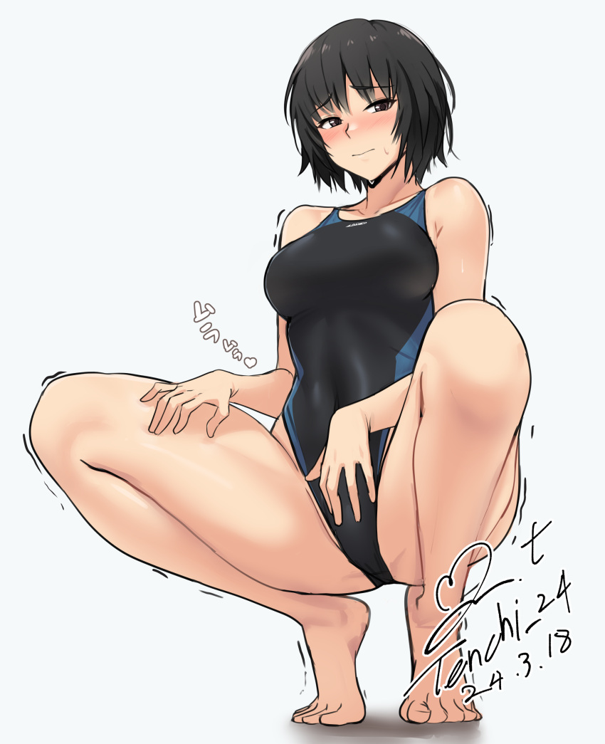 absurdres amagami aroused artist_name barefoot black_hair black_one-piece_swimsuit blue_sweater blush breasts brown_eyes collarbone commentary competition_school_swimsuit competition_swimsuit dated from_below hand_on_own_crotch hand_on_own_leg highleg highleg_swimsuit highres large_breasts looking_at_viewer looking_down nanasaki_ai nose_blush one-piece_swimsuit raised_eyebrows school_swimsuit short_hair signature spread_legs squatting sweater swimsuit tiptoes toes translated trembling two-tone_swimsuit yoo_tenchi