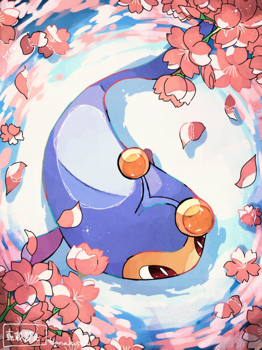 animal_focus antennae artist_name blue_skin colored_skin commentary_request flower from_above hanabusaoekaki highres lanturn no_humans pink_flower pokemon pokemon_(creature) red_eyes sparkle tail