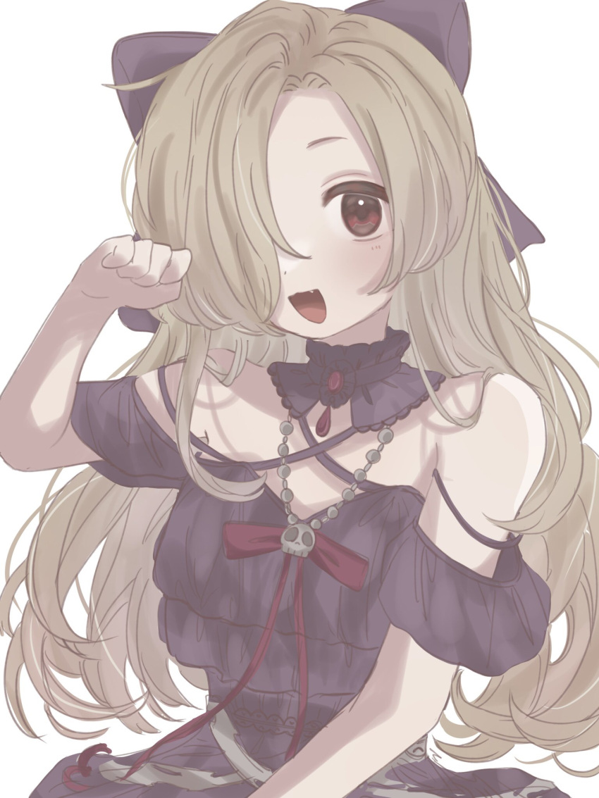 1girl alternate_hair_length alternate_hairstyle bare_shoulders blonde_hair bow dress fang flat_chest hair_bow hair_over_one_eye highres idolmaster idolmaster_cinderella_girls idolmaster_cinderella_girls_starlight_stage long_hair looking_at_viewer manamu_nikoko open_mouth paw_pose red_eyes shirasaka_koume simple_background smile solo upper_body white_background