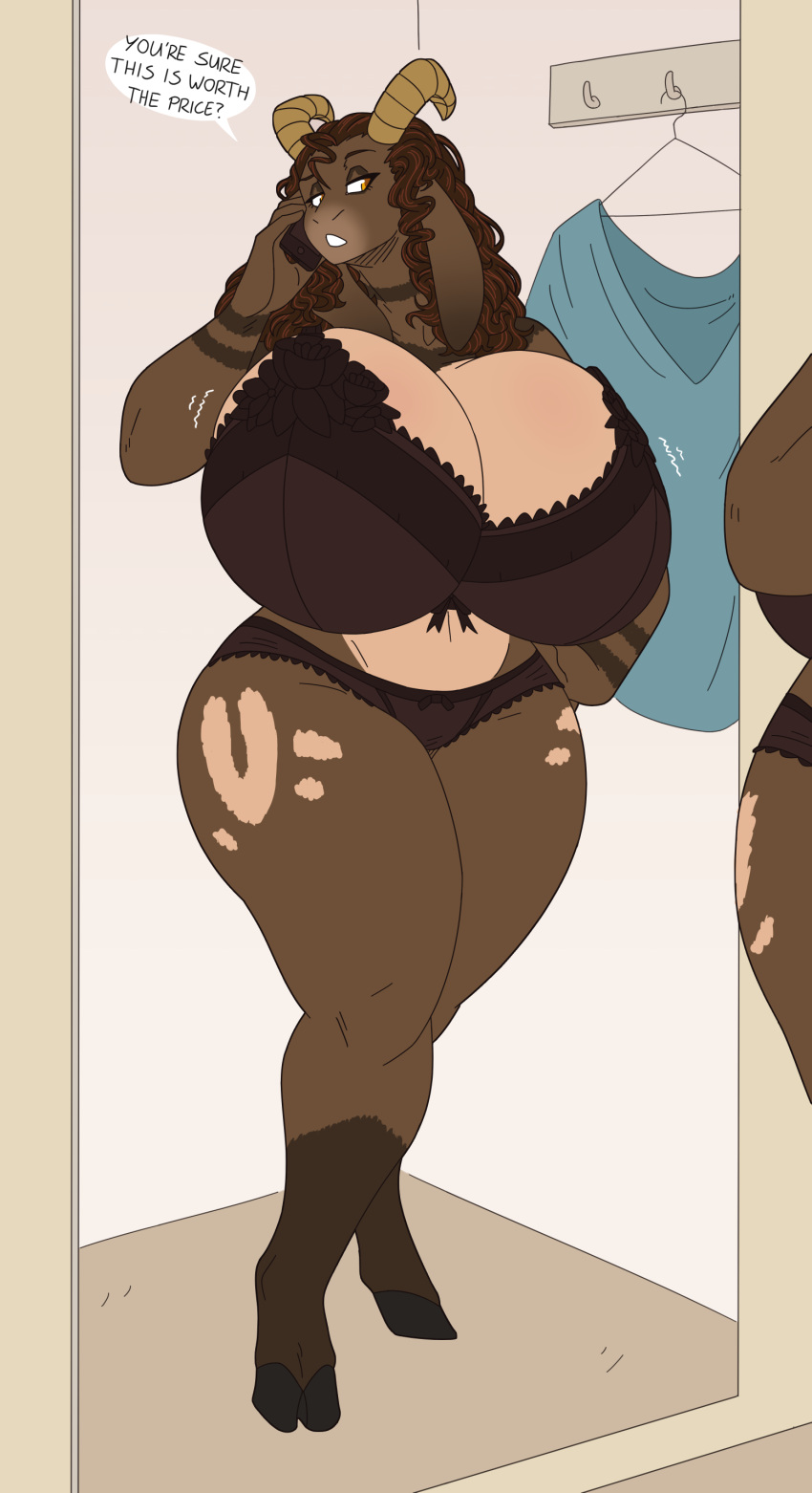 absurd_res anthro big_breasts bovid bra breasts caprine clothing female goat hi_res huge_breasts mammal mature_anthro mature_female phone_call severa_tettona slightlysimian solo thick_thighs underwear