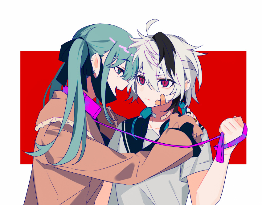 2girls ahoge aqua_eyes aqua_hair aqua_headphones arm_at_side bandaid bandaid_on_cheek bandaid_on_face bandaid_on_neck black_hair black_mask black_ribbon black_sailor_collar border closed_mouth collar ear_piercing fang flower_(vocaloid) flower_(vocaloid4) frilled_shirt frills hair_between_eyes hair_ribbon hand_on_another's_shoulder hatsune_miku headphones headphones_around_neck highres holding holding_leash jewelry leash long_sleeves looking_at_another mask mask_pull medium_hair mouth_mask multicolored_hair multiple_girls open_mouth piercing pink_collar pink_eyes pink_leash red_background red_shirt ribbon ring sailor_collar shirt short_hair short_sleeves smile streaked_hair twintails upper_body vampire_(vocaloid) vocaloid white_border white_hair white_shirt ximuye