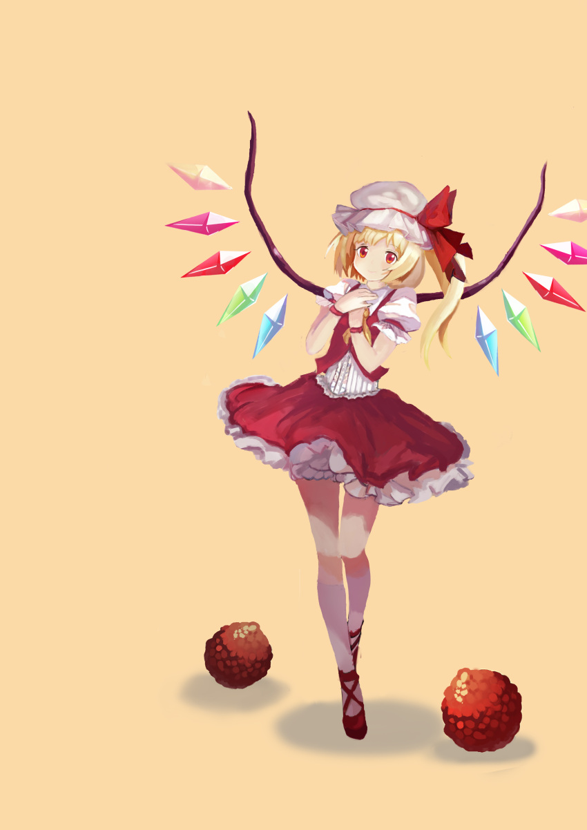 1girl absurdres ascot blonde_hair bloomers closed_mouth collared_shirt crystal flandre_scarlet frilled_shirt frilled_skirt frills full_body hands_on_own_chest hat hat_ribbon highres light_smile mob_cap multicolored_wings no_socks puffy_short_sleeves puffy_sleeves red_eyes red_footwear red_ribbon red_skirt red_vest ribbon shirt short_sleeves simple_background skirt skirt_set sleeve_ribbon solo touhou vest white_bloomers white_headwear white_shirt wings yellow_ascot yellow_background yongzhe_mei_hong