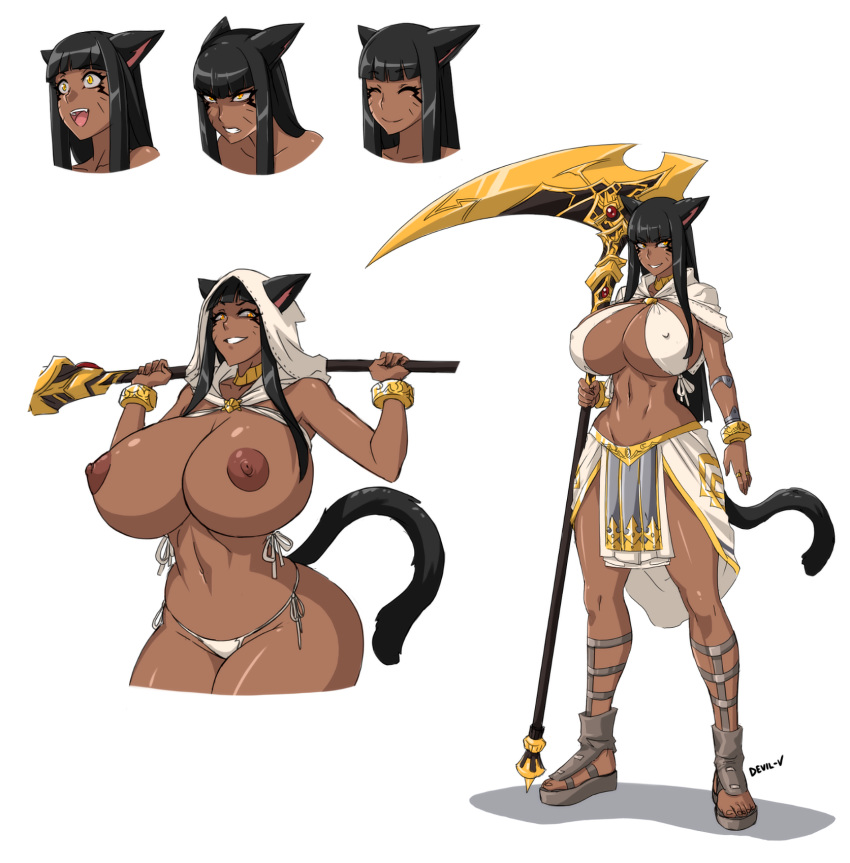 1girl animal_ears areolae black_hair breasts cat_ears cat_tail cleavage curvy dark_skin devil-v erect_nipples huge_breasts long_hair nipples original scythe standing tail weapon wide_hips yellow_eyes