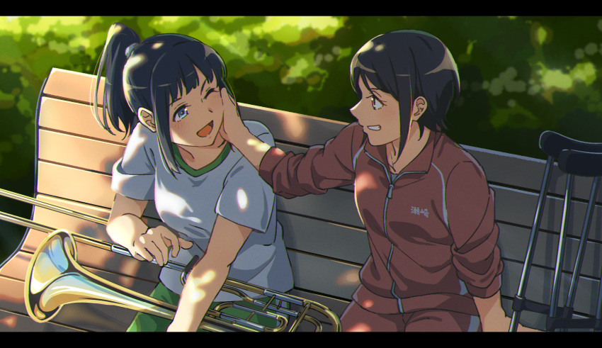 2girls bench black_hair blue_eyes blush clenched_teeth commentary_request crutch dappled_sunlight fuyuhino hand_on_another's_cheek hand_on_another's_face hibike!_euphonium highres instrument jacket letterboxed multiple_girls one_eye_closed outdoors park_bench ponytail red_eyes red_jacket rikka_koukou_marching_band_e_youkoso sasaki_azusa shirt short_hair short_sleeves sitting sunlight teeth track_suit trombone white_shirt yuri zipper zipper_pull_tab