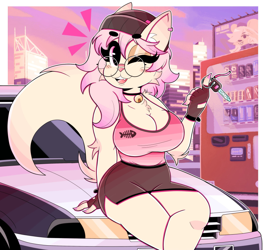5_fingers a.i.m._(game) absurd_res anthro arm_tuft background_character bell big_breasts bottomwear breasts car car_keys cheek_tuft chest_tuft choker clothed clothing digital_media_(artwork) domestic_cat ear_piercing ela_novabay elbow_tuft eyebrow_through_hair eyebrows eyelashes eyewear facial_tuft farrah_(zeekzag) felid feline felis female fingerless_gloves fingers fluffy fluffy_tail fur glasses gloves hair handwear headgear headwear hi_res inner_ear_fluff jewelry looking_at_viewer mammal necklace one_eye_closed open_mouth piercing pink_eyes pink_hair shirt shoulder_tuft skirt smile solo tail tank_top teeth tongue topwear translucent translucent_hair tuft vehicle wireless_shiba yellow_body yellow_fur