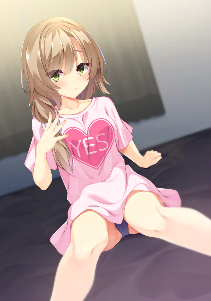 1girl aria_(koiiroharemoyou) arm_at_side arm_support aroused bare_legs black_panties blurry blurry_background blush breasts brown_hair cameltoe closed_mouth collarbone dutch_angle eyelashes eyes_visible_through_hair feet_out_of_frame fingernails green_eyes hair_between_eyes hand_up heart heart_print highres indoors long_hair looking_at_viewer low_ponytail low_side_ponytail mikuni_sairi on_bed panties pink_shirt pink_skirt print_shirt pussy_juice shirt short_sleeves shy sitting skirt small_breasts smile solo spiked_hair straight-on sweat tenshi_souzou_re-boot! third-party_edit tsurime underwear upturned_eyes wavy_mouth yes