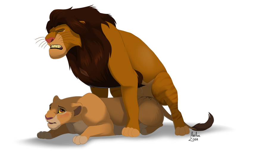 arf-fra blush disney duo eyes_closed felid female female_penetrated feral feral_on_feral hi_res jan_(shape-shifter) kiara_(the_lion_king) lion male male/female male_on_top mammal on_top pantherine penetration simple_background the_lion_king white_background