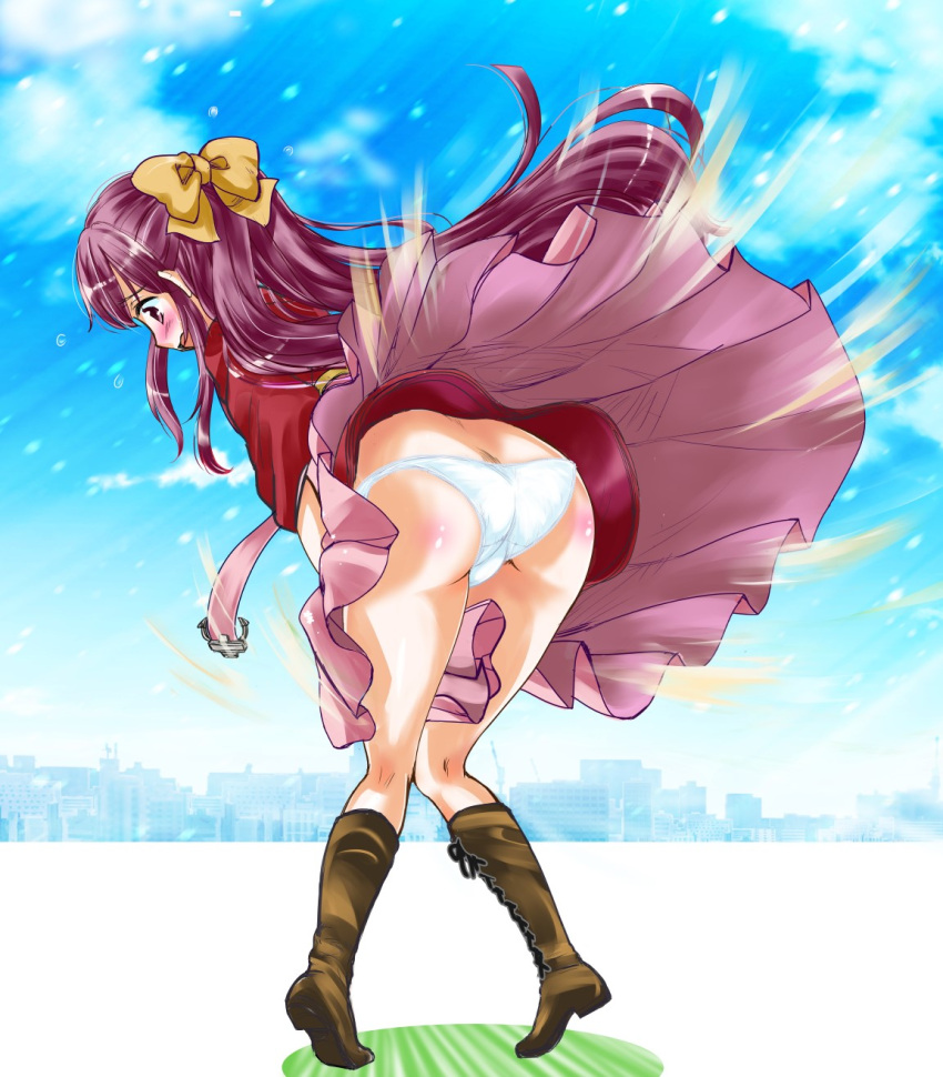 1girl ass blue_sky blush boots bow brown_footwear cloud commission cross-laced_footwear from_behind full_body hair_bow hakama hakama_hold hakama_skirt highres japanese_clothes kamikaze_(kancolle) kantai_collection kimono kneepits lace-up_boots looking_at_viewer looking_back meiji_schoolgirl_uniform nose_blush panties pantyshot pixiv_commission purple_eyes purple_hair red_kimono skirt sky solo tachibana_hiroki tasuki underwear white_panties wind wind_lift yellow_bow