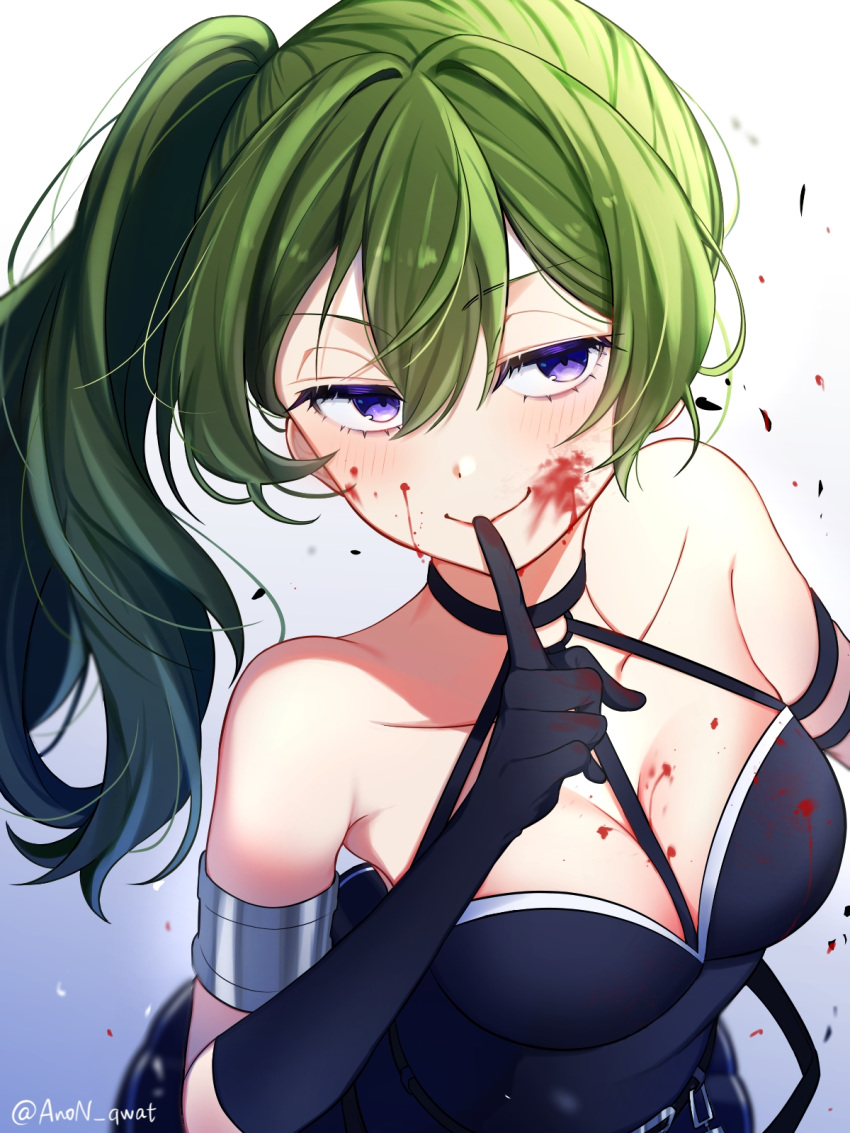 1girl anon_qwat armlet between_breasts black_dress black_gloves blood blood_on_face blue_hair breasts cleavage closed_mouth collarbone dress elbow_gloves finger_to_mouth gloves gradient_hair green_hair grey_background hair_between_eyes highres long_hair medium_breasts multicolored_hair purple_eyes short_dress shushing side_ponytail sleeveless sleeveless_dress smile solo sousou_no_frieren strap_between_breasts twitter_username ubel_(sousou_no_frieren) upper_body white_background
