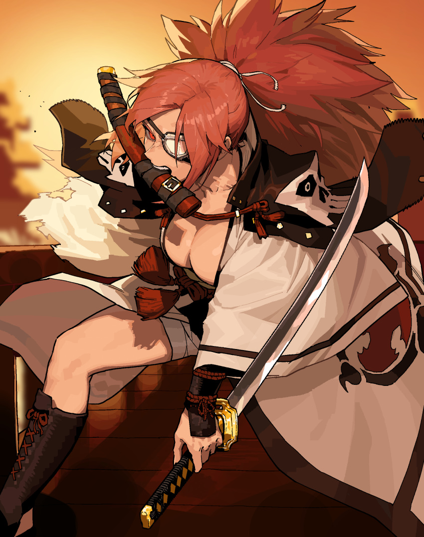 1girl absurdres amputee baiken big_hair black_kimono breasts cleavage eyepatch fighting_stance gogalking guilty_gear guilty_gear_strive highres holding holding_sword holding_weapon japanese_clothes kataginu katana kimono large_breasts multicolored_clothes multicolored_kimono one-eyed open_clothes open_kimono red_eyes red_hair reverse_grip samurai sheath solo sword torn_sleeve weapon