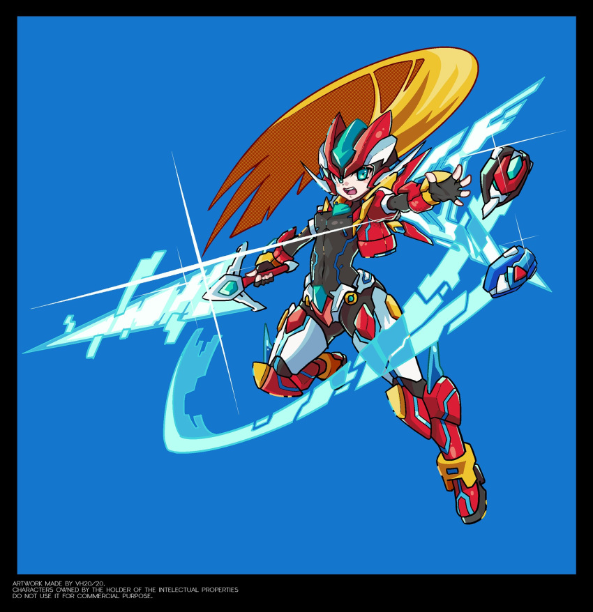 1girl aile_(mega_man_zx) armor biometal black_bodysuit blonde_hair blue_background bodysuit bodysuit_under_clothes breasts chest_jewel cropped_jacket crotch_plate energy_sword energy_wings forehead_jewel helmet highres holding holding_sword holding_weapon jacket long_hair mega_man_(series) mega_man_x_(series) mega_man_x_dive mega_man_zx model_x_(mega_man) model_z_(mega_man) model_zx_(mega_man) open_clothes open_jacket power_armor red_footwear red_headwear small_breasts sword vistahero weapon