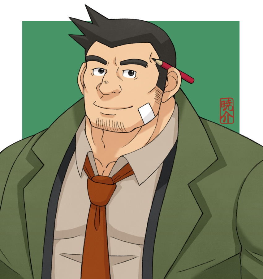 1boy ace_attorney adam's_apple akatsuki_kyohsuke bandage_on_face bandages bara black_hair border cheekbones coat collared_shirt dick_gumshoe facial_hair goatee_stubble green_background green_coat grey_shirt highres looking_at_viewer male_focus mature_male necktie pectorals pencil_behind_ear red_necktie shirt short_hair sideburns_stubble signature solo stubble thick_eyebrows upper_body white_border