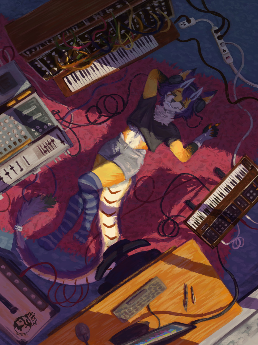 absurd_res amplifier anthro belly bottomwear cables carpet chair clothing computer computer_keyboard computer_mouse desk detailed_background electronic_musical_instrument electronics eyes_closed fluffy fluffy_tail fully_clothed_anthro furniture girly hair hard_lighting headphones hi_res high-angle_view horn hybrid keyboard_instrument legwear light lying lying_on_ground male metallic_body mixing_console music_studio musical_instrument office_chair on_back on_ground painterly purple_body purple_hair shorts smile solo sunlight sydney_onmars synthesizer table tail thigh_highs topwear white_belly yellow_body