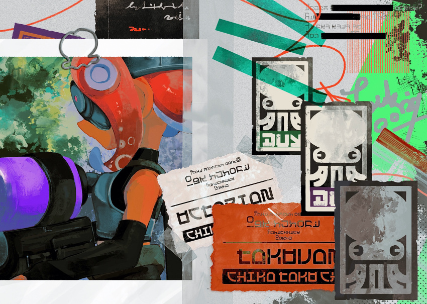 1girl abstract absurdres armor belt black_shirt black_shorts breastplate covered_eyes crop_top detached_sleeves from_side goggles gun highres holding holding_gun holding_weapon long_hair octoling octoshot_(splatoon) red_hair shirt shorts solo splatoon_(series) splatter sticker suction_cups takozonesu tentacle_hair weapon zicbx