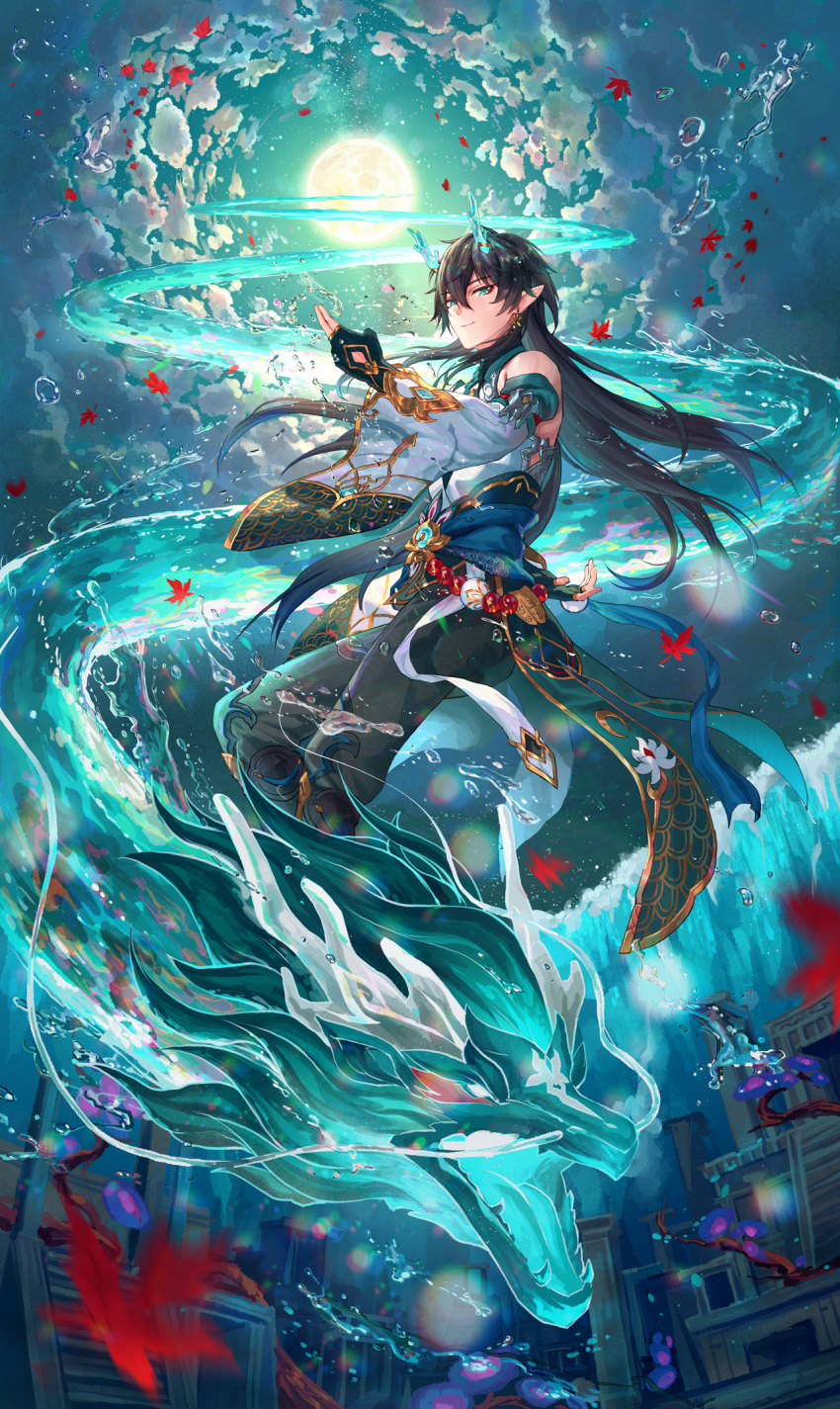 1boy aqua_eyes aqua_horns autumn_leaves bare_shoulders belt black_collar black_gloves black_hair black_pants blue_sash bubble chinese_commentary city closed_mouth cloud cloudy_sky collar collared_shirt commentary_request dan_heng_(honkai:_star_rail) dan_heng_(imbibitor_lunae)_(honkai:_star_rail) detached_sleeves dragon dragon_horns earrings eastern_dragon floral_print full_body full_moon gloves gold_earrings hebbtia high_collar highres honkai:_star_rail honkai_(series) horns jewelry long_hair long_sleeves looking_at_viewer male_focus moon night night_sky official_alternate_costume outstretched_arm pants partially_fingerless_gloves pointy_ears red_belt sash shirt sky smile solo very_long_hair waist_sash water_drop_hair_ornament white_shirt white_sleeves wide_sleeves