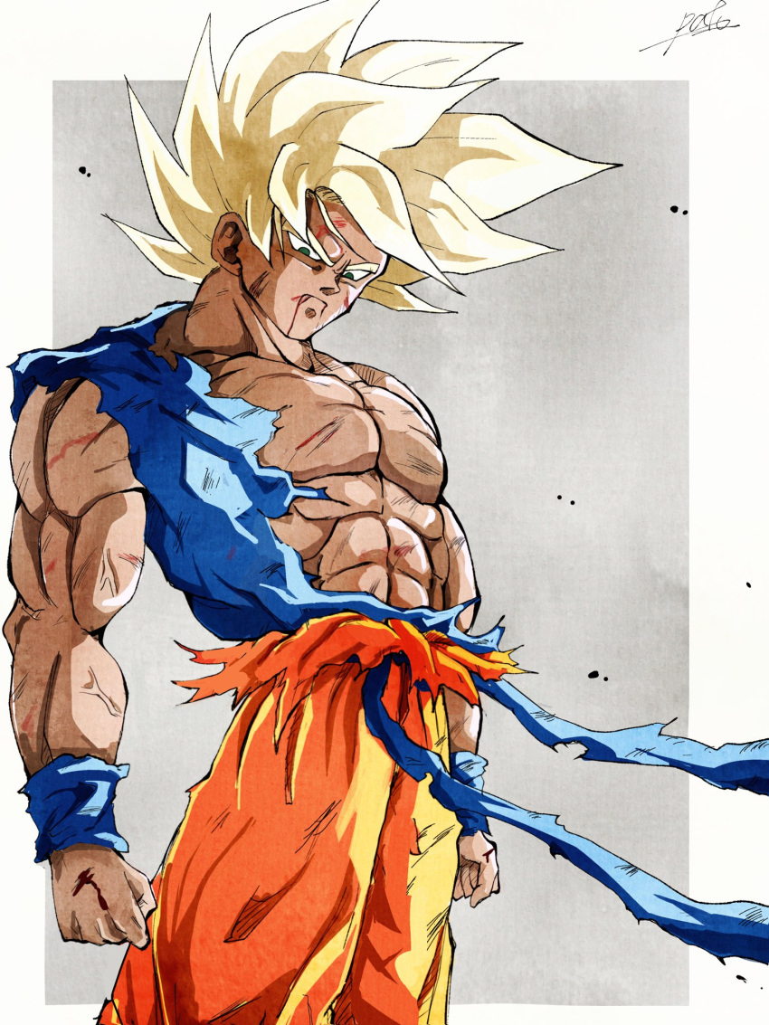 1boy abs battle_damage blonde_hair blood blood_from_mouth blood_on_arm blood_on_chest blue_sash blue_shirt blue_wristband clenched_hand collarbone cowboy_shot dragon_ball dragon_ball_z green_eyes highres injury looking_down male_focus muscular muscular_male orange_pants pants pato007711 pectorals sash shirt signature simple_background solo son_goku spiked_hair super_saiyan super_saiyan_1 torn_clothes torn_shirt veins wind wristband
