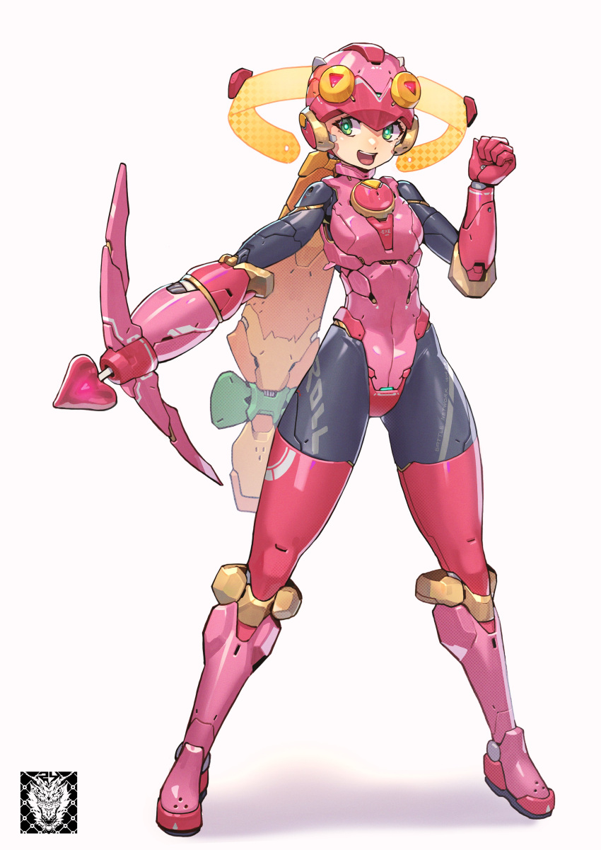 1girl absurdres adapted_costume arm_cannon arrow_(projectile) artist_logo black_bodysuit blonde_hair bodysuit bow_(weapon) clothes_writing green_eyes helmet highres leotard long_hair mar10 mega_man_(series) mega_man_battle_network_(series) netnavi outstretched_arm pink_headwear pink_leotard red_thighhighs robot_girl roll.exe_(mega_man) simple_background smile solo thighhighs weapon white_background