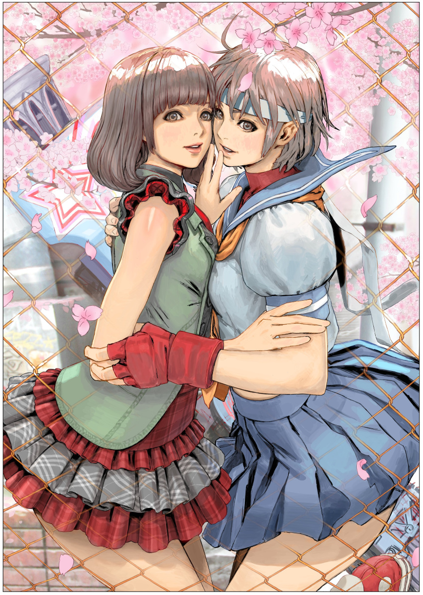 2girls :d absurdres ahoge arm_grab ayanokouji_sakura blue_sailor_collar blue_skirt blunt_bangs blush breast_press breasts brick_wall buttons capcom chain-link_fence cherry_blossoms commentary_request cowboy_shot crop_top crossover fence fingerless_gloves frilled_skirt frills from_side gloves graffiti grey_eyes grey_hair gun gunslinger_stratos hand_on_another's_back hand_on_another's_chin happy headband highres hug huge_weapon kasugano_sakura lamppost layered_skirt leg_lift leg_up lips lipstick looking_at_viewer looking_back makeup midriff miniskirt multiple_girls name_connection neckerchief open_mouth outdoors petals plaid pleated_skirt puffy_short_sleeves puffy_sleeves red_footwear red_gloves rifle sailor_collar school_uniform serafuku shirt shoes short_hair short_sleeves skirt sleeveless small_breasts smile sneakers spandex star_(symbol) street_fighter symmetrical_docking turtleneck weapon yasuda_akira yuri