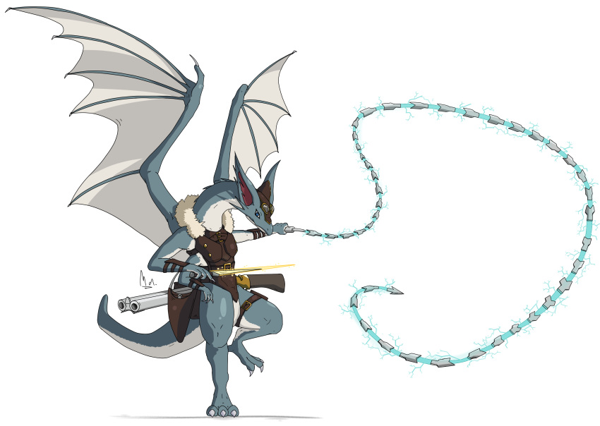 absurd_res alus_the_star_runner anthro blue_body claws dragon european_mythology eyewear goggles gun hi_res ishura leather male melee_weapon mythological_creature mythological_scalie mythology ranged_weapon scalie scarf solo sword weapon western_dragon whip wings wyvern youmadsin
