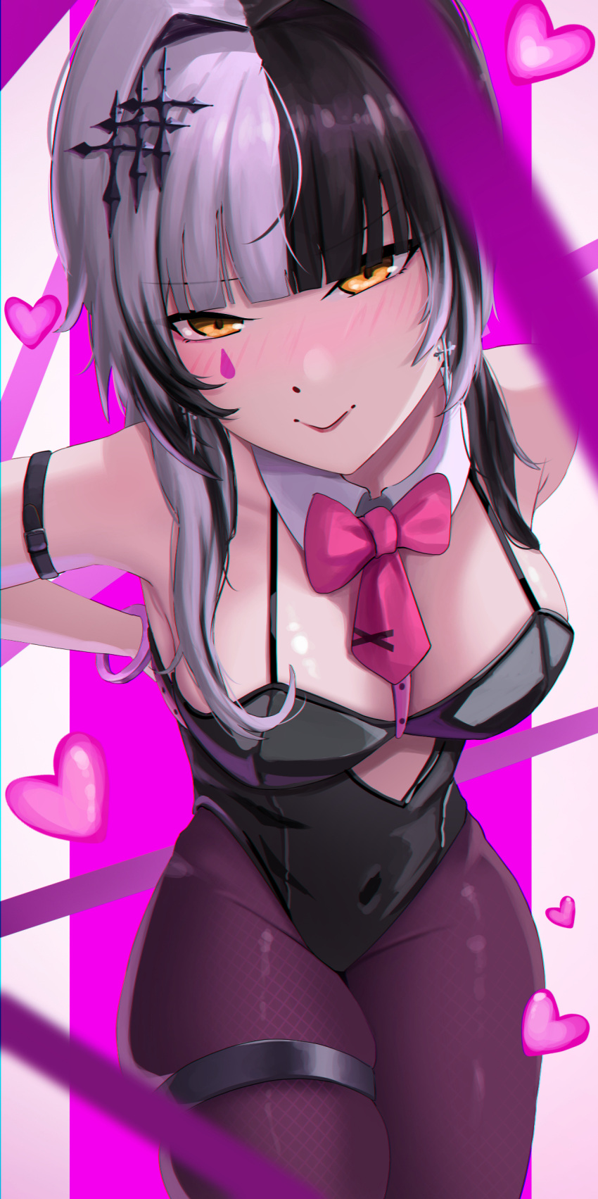 1girl absurdres bare_shoulders black_hair black_leotard blush bow bowtie breasts cleavage covered_navel detached_collar grey_hair hair_ornament highres hololive hololive_english large_breasts leotard long_hair looking_at_viewer multicolored_hair pantyhose pitespear playboy_bunny rabbit_hole_(vocaloid) shiori_novella smile solo split-color_hair teardrop_facial_mark two-tone_hair virtual_youtuber x_hair_ornament yellow_eyes