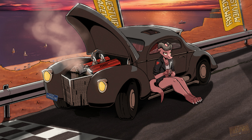 angry anthro beach beatty_(posspowered) bottomless car clothed clothing female fingerless_(marking) greaser guardrail hi_res horn jacket knife kobold leather leather_clothing leather_jacket leather_topwear leg_markings markings posspowered racetrack socks_(marking) solo sunset topwear vehicle