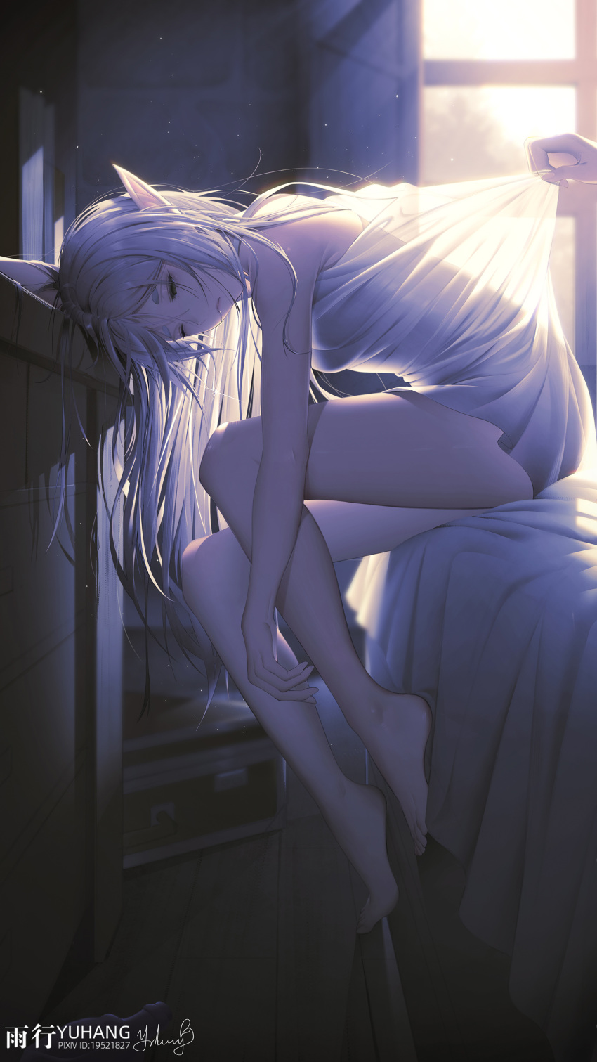 1girl 1other absurdres artist_name bare_arms bare_legs bare_shoulders barefoot bedside breasts chest_of_drawers closed_mouth clothes_pull drooling elf feet frieren green_eyes highres indoors leaning_on_object legs light_particles long_hair one_eye_closed pajamas pixiv_id pointy_ears see-through_silhouette shirt_pull signature sitting small_breasts solo sousou_no_frieren suitcase thighs toes waking_up white_chemise white_hair white_pajamas yuxing_yuhang