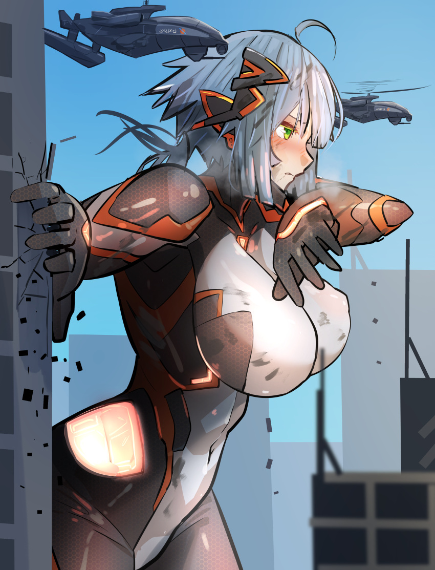 1girl absurdres aircraft blue_hair blue_sky bodysuit breasts city cityscape colossus_(natsukaze_shigure) covered_nipples destruction giant giantess green_eyes hair_ornament helicopter highres large_breasts magical_girl natsukaze_shigure navel original outdoors short_hair skin_tight sky solo standing tokusatsu