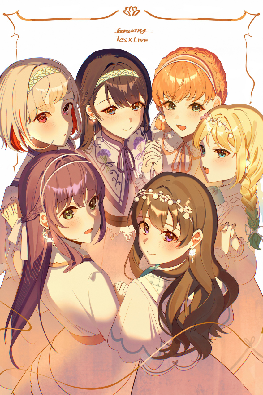 6+girls :d absurdres ao_to_shabon_(love_live!) blonde_hair blue_bow blue_bowtie blue_eyes blue_hair blush border bow bowtie braid brown_hair closed_mouth colored_inner_hair dark_blue_hair dkou dress earrings embroidered_dress fujishima_megumi gradient_hair green_eyes grey_hair hairband highres hinoshita_kaho holding_hands interlocked_fingers jewelry link!_like!_love_live! long_hair long_sleeves looking_ahead looking_at_viewer looking_back looking_to_the_side love_live! low_twin_braids medium_hair milk_(love_live!) multicolored_hair multiple_girls murano_sayaka official_alternate_costume open_mouth orange_hair ornate_border osawa_rurino otomune_kozue parted_lips purple_eyes purple_hair red_eyes red_hair short_hair sidelocks smile special_thanks_(love_live!) straight_hair streaked_hair twin_braids wavy_hair white_background white_dress white_hairband yugiri_tsuzuri