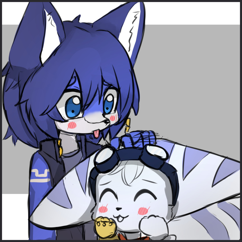 anid anthro blep blue_body blue_eyes blue_fur blush blush_lines canid canine countershade_face countershading duo eyewear eyewear_on_head female fluffy fluffy_tail fox fur goggles goggles_on_head hand_on_another's_head hand_on_head happy hi_res kemono krystal_(star_fox) lilkon lombax mammal markings multicolored_body multicolored_fur nintendo patting prosthetic prosthetic_arm prosthetic_limb ratchet_and_clank rivet_(ratchet_and_clank) sony_corporation sony_interactive_entertainment star_fox striped_body striped_fur stripes tail tattoo tongue tongue_out white_body white_fur