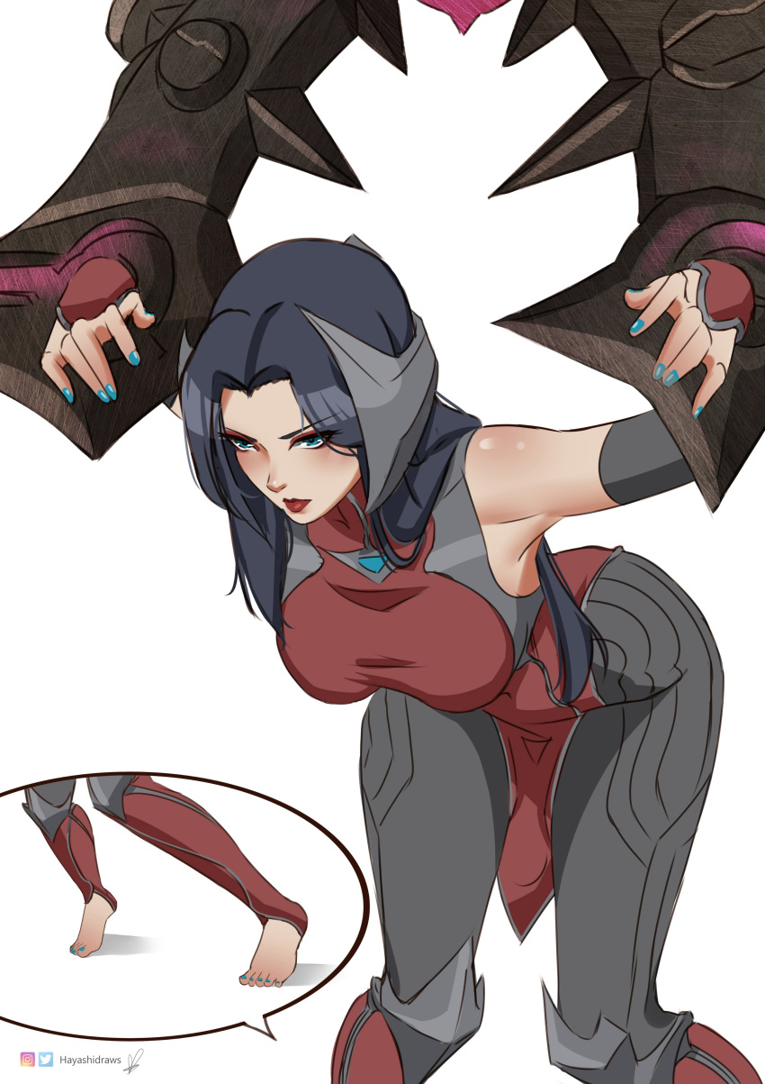 1girl absurdres bare_shoulders barefoot bent_over black_hair briar_(league_of_legends) briar_(league_of_legends)_(cosplay) closed_mouth cosplay cuffs dress feet_out_of_frame handcuffs hands_up hayashidraws highres irelia league_of_legends long_hair multiple_views nail_polish parted_bangs red_dress red_lips shiny_skin speech_bubble