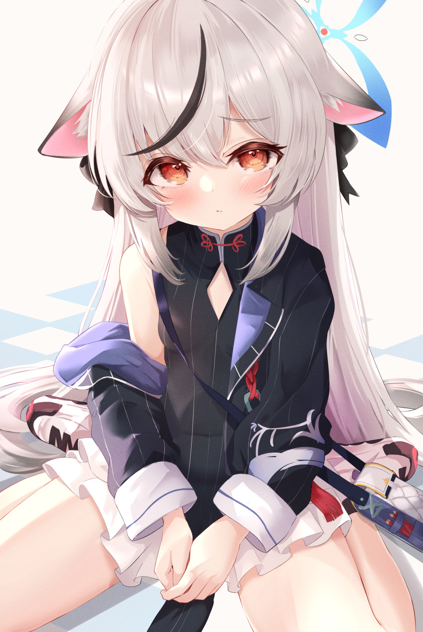 1girl absurdres animal_ear_fluff animal_ears bag black_bow black_dress black_hair black_jacket black_socks blue_archive blue_halo blush bow breasts closed_mouth commentary diamond_cutout dot_nose dress flasher_(flasher_ura) grey_hair hair_between_eyes hair_bow halo highres jacket kokona_(blue_archive) long_hair long_sleeves looking_at_viewer multicolored_hair off_shoulder on_floor open_clothes open_jacket orange_eyes own_hands_together satchel shoes simple_background single_bare_shoulder single_off_shoulder sitting small_breasts sneakers socks solo spread_legs streaked_hair striped_clothes striped_dress striped_jacket tiger_ears tiles variant_set vertical-striped_clothes vertical-striped_dress vertical-striped_jacket very_long_hair wariza white_background