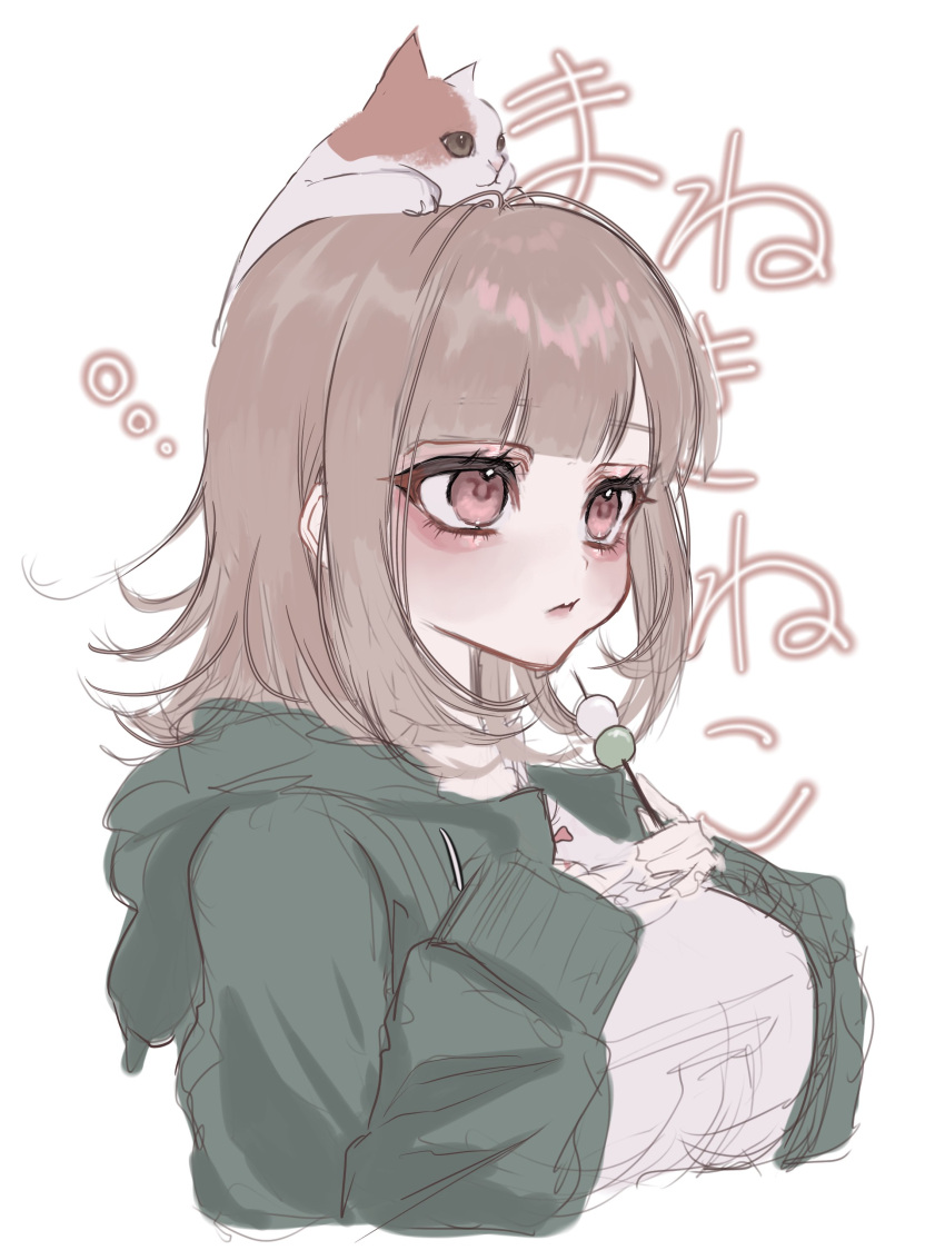 1girl absurdres animal_on_head black_jacket blunt_bangs blush breasts brown_hair cat cat_on_head cropped_torso danganronpa_(series) danganronpa_2:_goodbye_despair grey_shirt highres hood hood_down jacket large_breasts medium_hair mi_loveyouuu nanami_chiaki no_hair_ornament on_head open_clothes open_jacket pink_eyes shirt sleeves_past_wrists translation_request upper_body