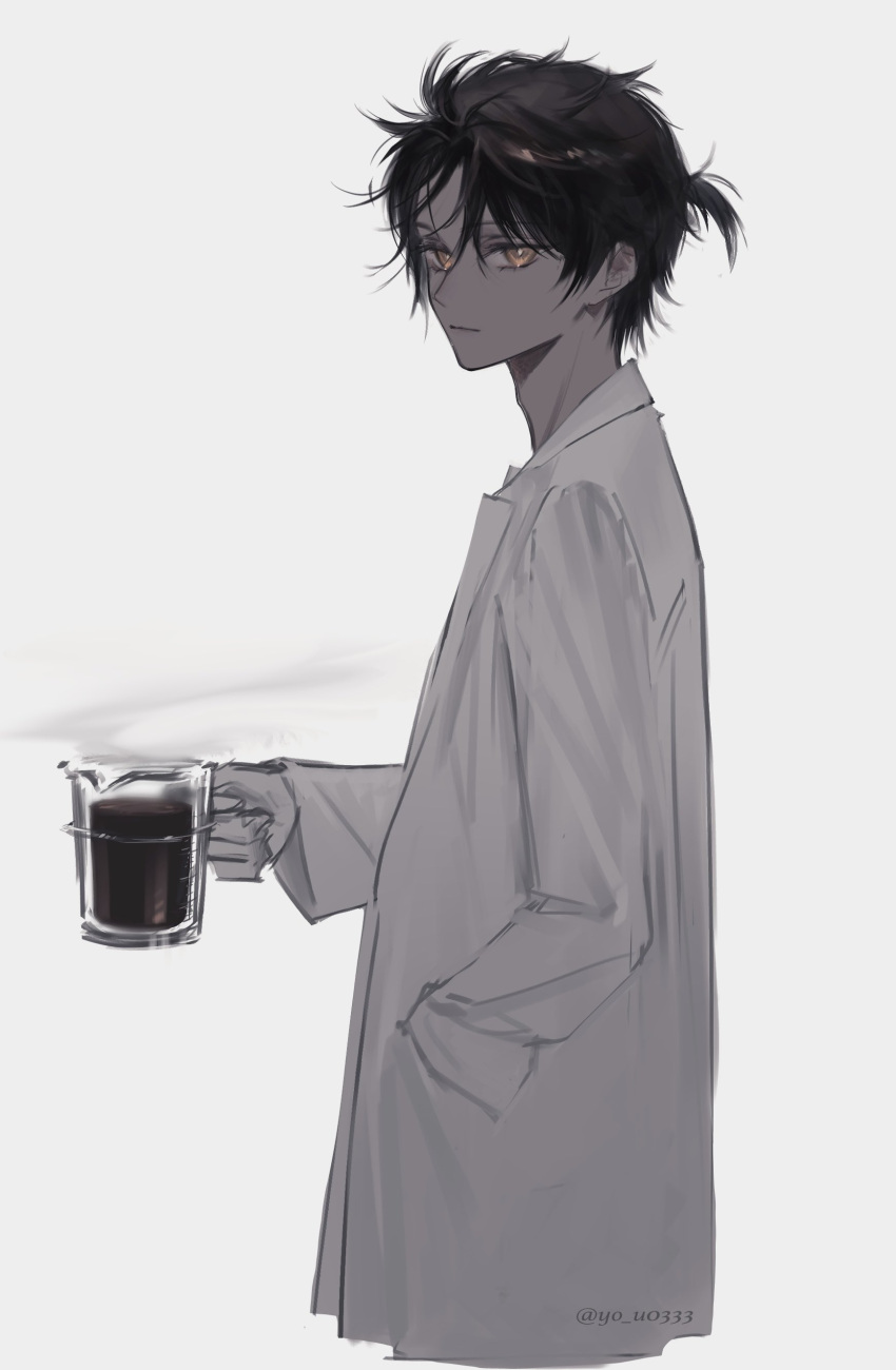 1boy absurdres arknights black_hair closed_mouth coffee cup dark-skinned_male dark_skin gloves highres holding holding_cup jewelry lab_coat long_sleeves looking_at_viewer male_focus mug orange_eyes shirt short_hair simple_background solo thorns_(arknights) tsuji_yashiki white_background white_gloves