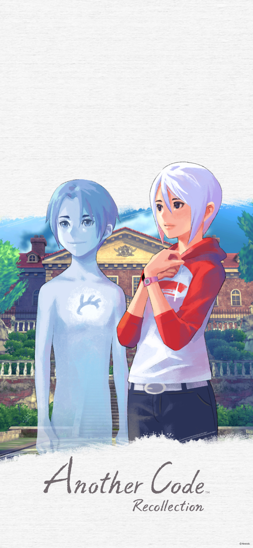 1boy 1girl absurdres another_code another_code_recollection ashley_mizuki_robbins clock d_(another_code) denim ghost hands_on_own_chest highres jeans mansion nintendo official_art pants short_hair sweater title white_hair