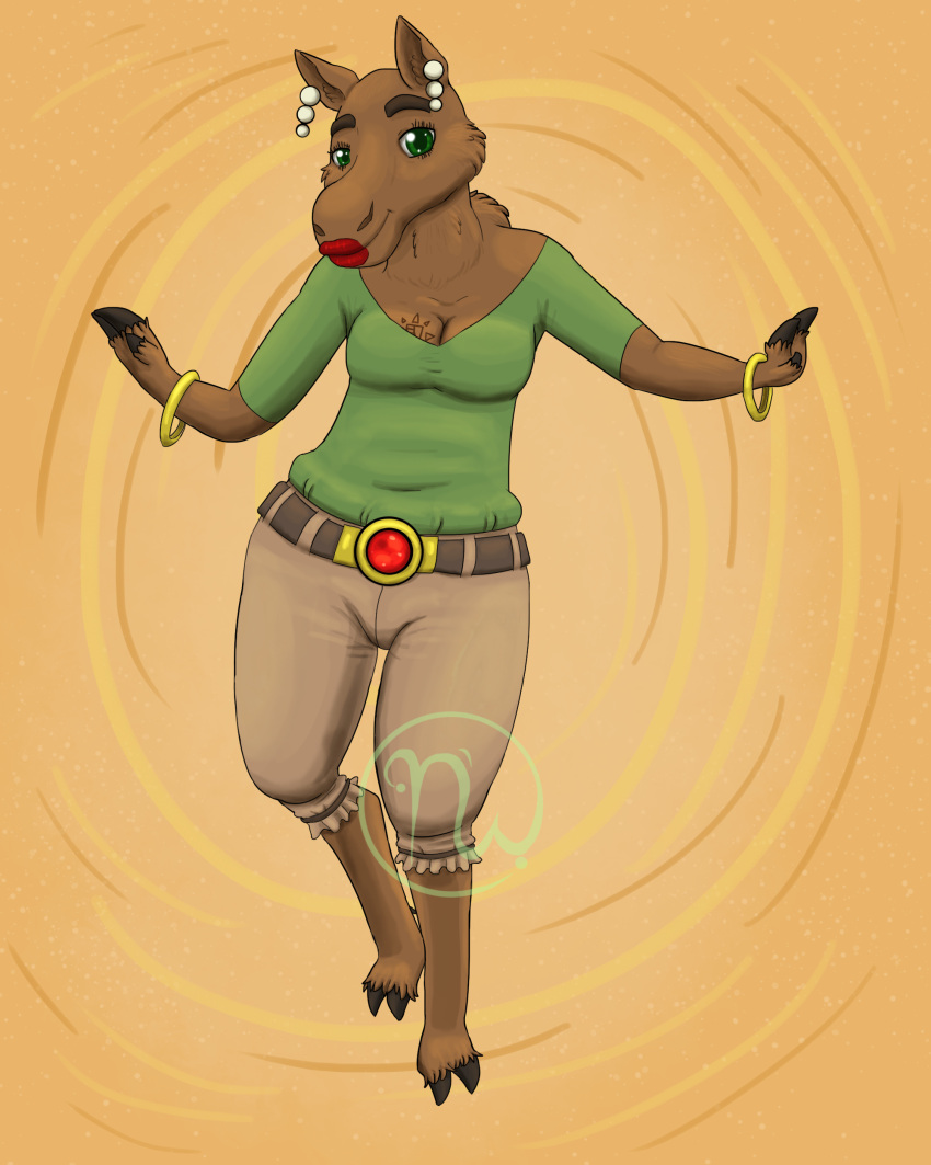2019 3_fingers absurd_res anthro armband artist_logo barefoot belt belt_buckle bent_arm bent_legs bottomwear breasts brown_belt brown_bottomwear brown_clothing brown_hooves brown_shorts cheek_tuft cleavage clothed clothing collarbone colored dancing deer digital_drawing_(artwork) digital_media_(artwork) ear_piercing eternal_forwardness eyebrows eyelashes facial_tuft fatty_humps feet female fingers fluffy gem gold_armband green_clothing green_eyes green_shirt green_topwear hi_res hooved_fingers hooves lips logo mammal moose new_world_deer orange_background pearl_(gem) piercing red_lips royalty ruby_(gem) shaded shirt shorts simple_background skywater smile smiling_at_viewer solo tattoo thick_eyebrows thick_lips topwear tucked_shirt tuft wide_hips wumba_mumba_moocett
