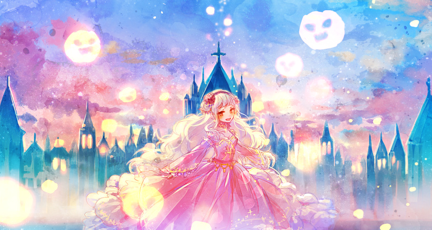 1girl :d castle cloud cross dress flower frills hair_flower hair_ornament hairband jewelry long_hair long_sleeves looking_at_viewer mint5464 multicolored_sky open_mouth original outdoors pink_dress red_eyes sky smile solo standing very_long_hair white_hair