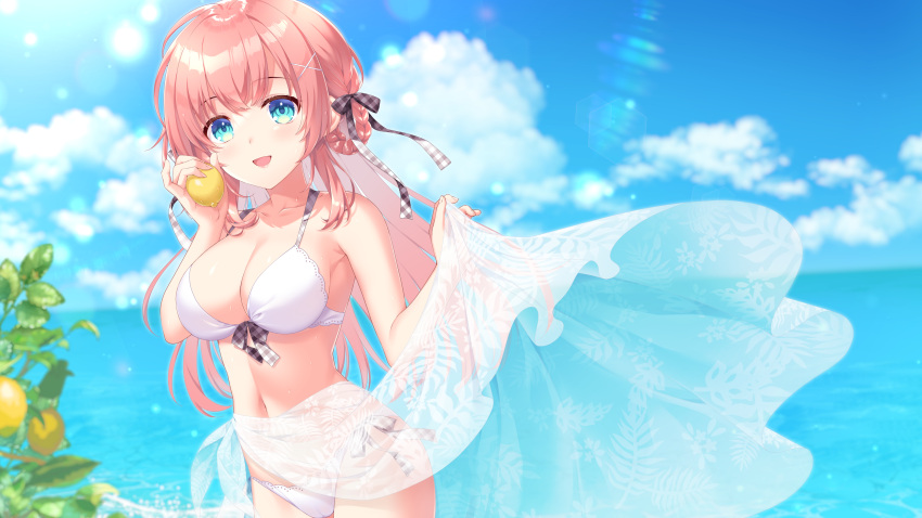 1girl :d absurdres alpha_(yukai_na_nakamatachi) bikini blue_eyes blue_sky blurry blurry_background braid breasts cleavage cloud collarbone day food front-tie_bikini front-tie_top fruit hair_ornament hair_ribbon highres holding holding_food holding_fruit lemon long_hair medium_breasts navel ocean open_mouth original outdoors paid_reward_available pink_hair plaid plaid_ribbon ribbon sarong shiny shiny_hair side-tie_bikini sidelocks sky smile solo standing stomach summer swimsuit very_long_hair white_bikini x_hair_ornament